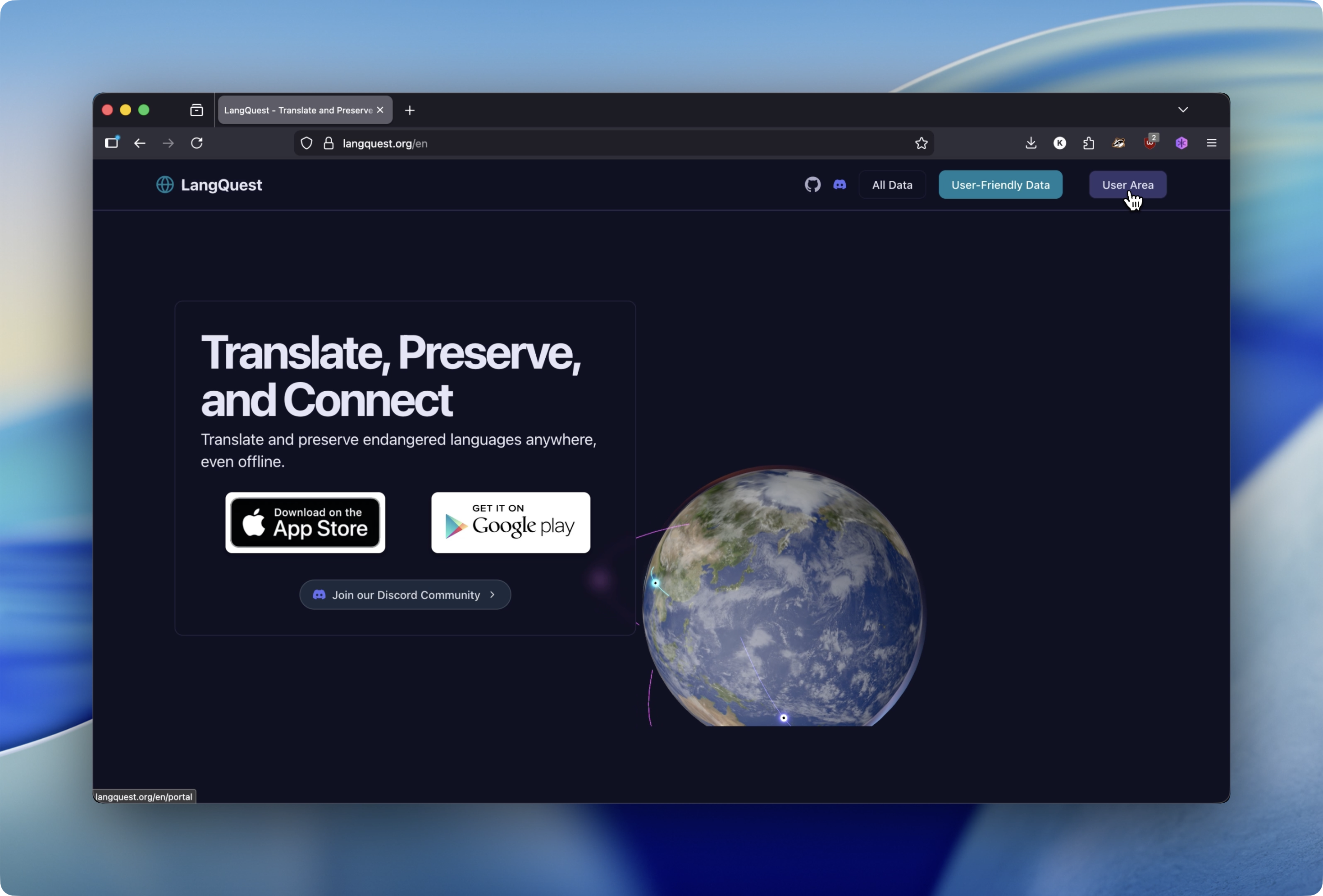 The LangQuest homepage with the User Area button highlighted in the top-right corner
